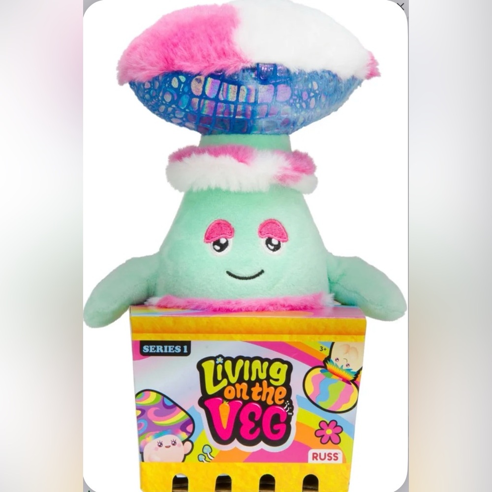 NWT Russ Living on Veg Plush Toy Pink & Blue Obie Mushroom Plush in box w tag